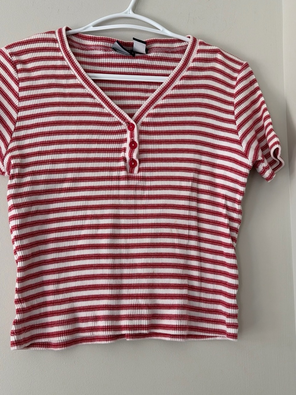 Striped Ribbed Henley Crop Top in Red & White